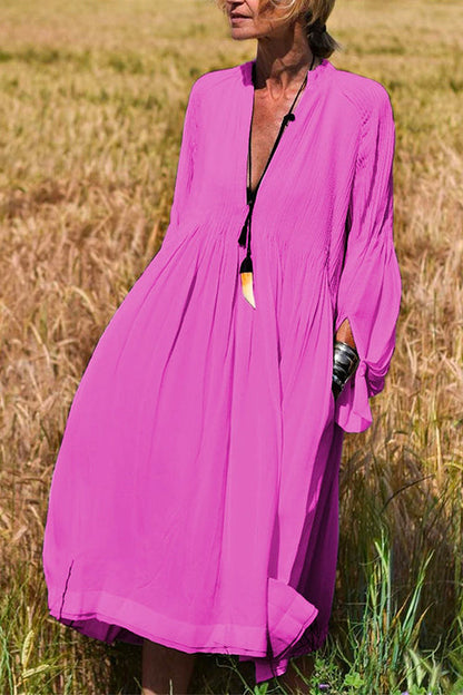 Ovesized Deep V Neck Long Sleeve Cotton Linen Swing Dress