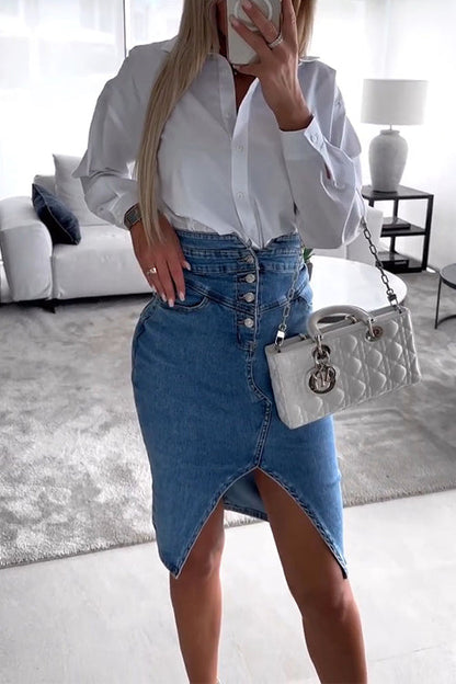 High Waist Slit Front Knee Length Denim Skirt