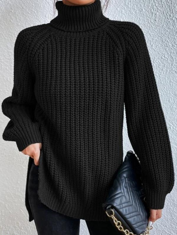 Black Long Sleeve High Turtleneck Slouchy Ribbed Sweater