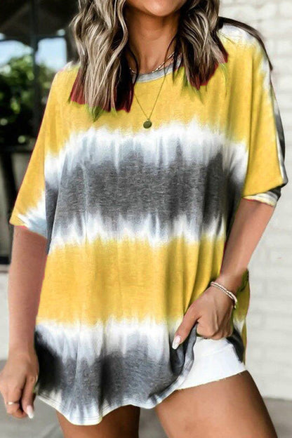Tie-dye Printed Round Neck Dolman Sleeve Short Sleeve Oversized Top