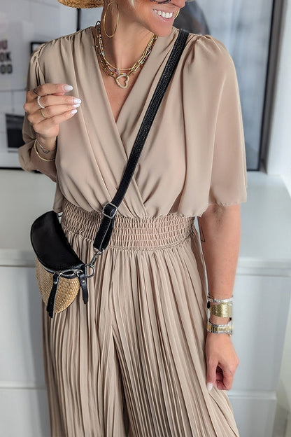 Delightful Day Smocked Waiset Pleated Wide Leg Jumpsuit