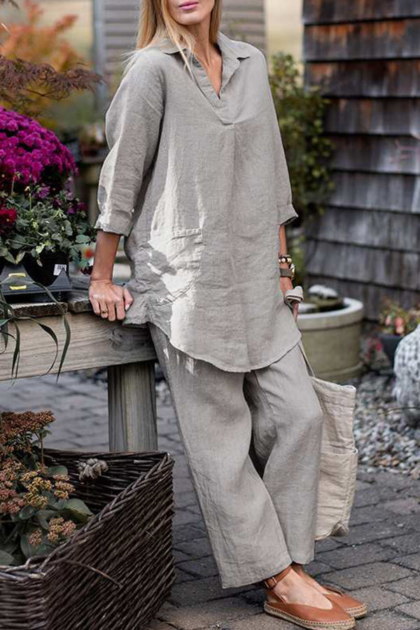 Solid color elegant retro loose lapel long sleeve shirt wide leg pants casual suit